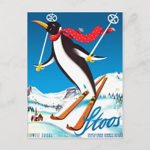 Stoos, Pinguïn op een ski, Zwitserse bergen Briefkaart