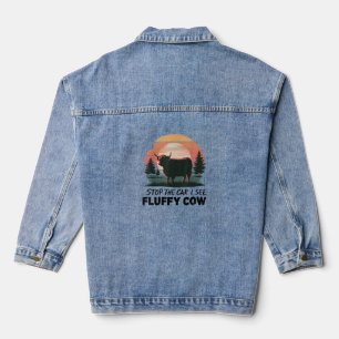 Stop de auto Zie Fluffy Koe Highland Koe Boerderij Denim Jacket