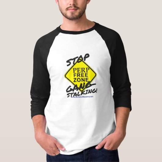 STOP DE MANNEN BASEBALL T SHIRT VAN GANG STALKING (Voorkant)
