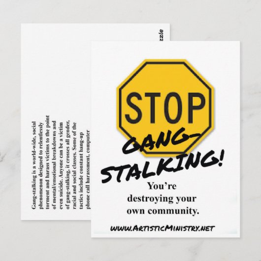 Stop Gang-Stalking BRIEFKAART (Voorkant / Achterkant)