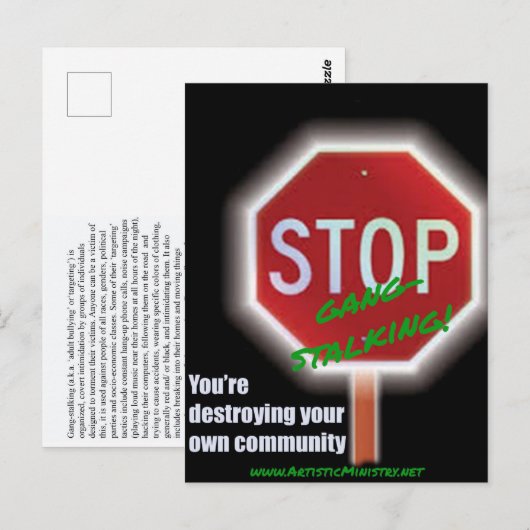 Stop Gang-Stalking BRIEFKAART (Voorkant / Achterkant)