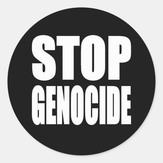 Stop Genocide. Protestbericht. Ronde Sticker (Voorkant)