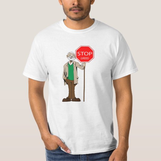Stop hebzucht t-shirt (Voorkant)