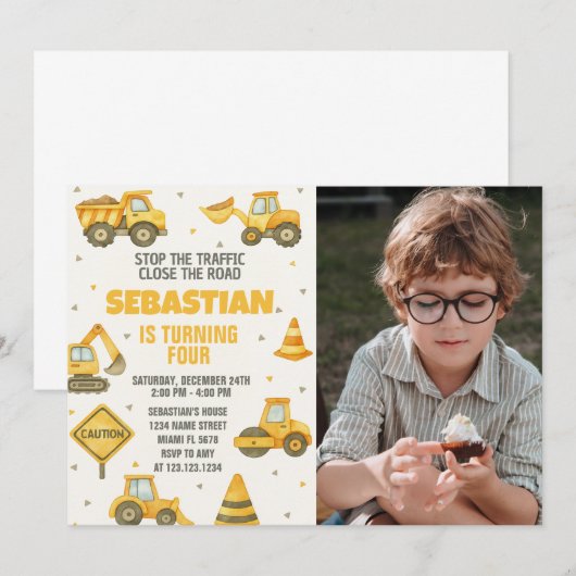 Stop het verkeer! Uitnodiging voor bouwverjaardag (Voorkant / Achterkant)