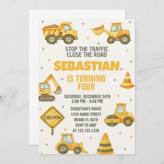 Stop het verkeer! Uitnodiging voor bouwverjaardag (Voorkant / Achterkant)