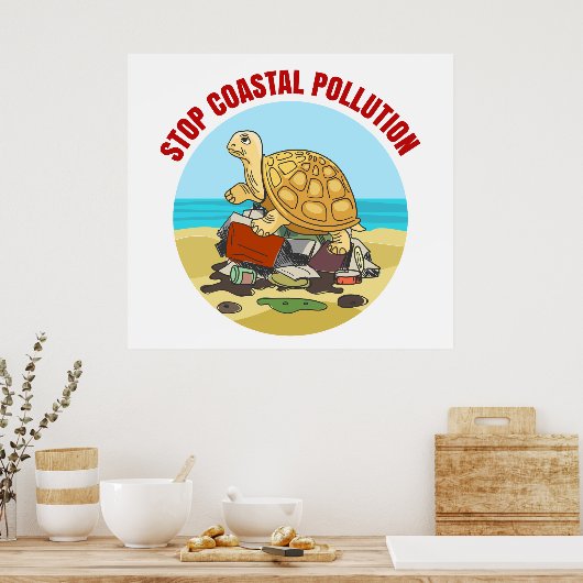 Stop Kustvervuiling Zee Schildpad Milieu Poster (Keuken)