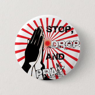 Stop, laat vallen en bidden ronde button 5,7 cm