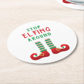 Stop met Elfing rond het grappige kerstGezegde Ronde Kartonnen Onderzetter (Gebogen)