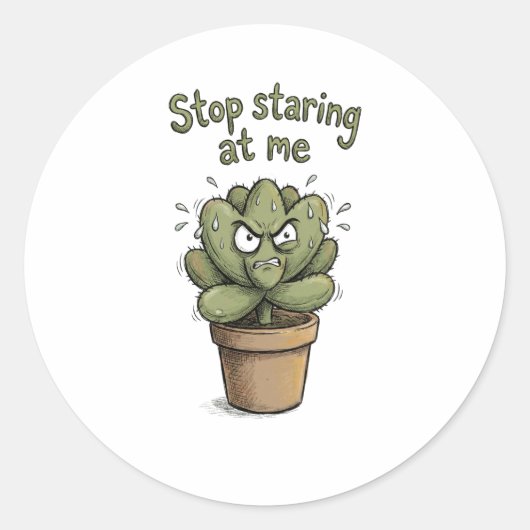 Stop met naar me staren – Grappige Succulent Stick Ronde Sticker (Voorkant)