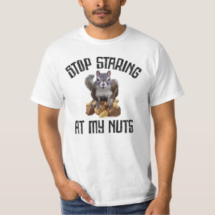 Stop met naar mijn noppen te staren - grappig vier t-shirt