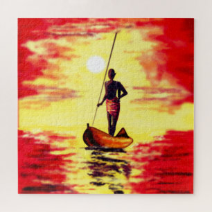 Stop met vissen op de boot op zonsondergang legpuzzel