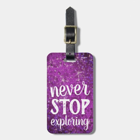 Stop nooit met het verkennen van Paarse glitter Tr Bagagelabel (Voorkant verticaal)