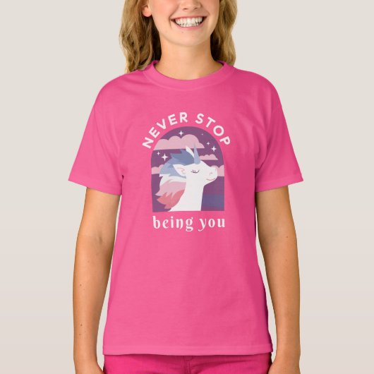 Stop nooit met jou te zijn, Unicorn T-Shirt (Voorkant)