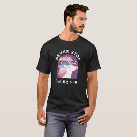 Stop nooit met jou te zijn, Unicorn T-Shirt (Voorkant volledig)