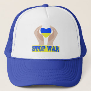 Stop oorlog Oekraïnse vlag in handen Trucker Pet