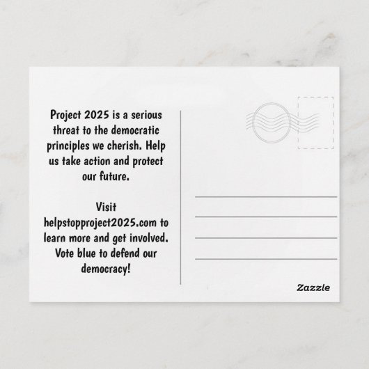 STOP Project 2025 - Stem Blauw - Verdedig Democrat Briefkaart (Achterkant)