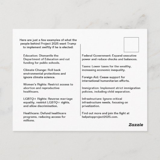 STOP Project 2025 - Stem Blauw - Verdedig Democrat Briefkaart (Achterkant)