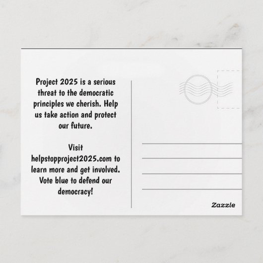 STOP Project 2025 - Stem Blauw - Verdedig Democrat Briefkaart (Achterkant)