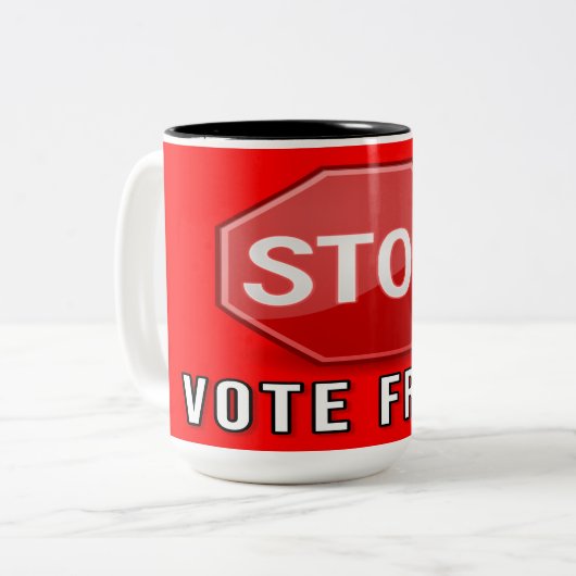 Stop stemfraude tweekleurige koffiemok (Voorkant links)