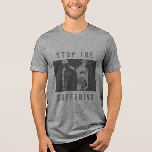 "Stop the Suffering" Donkergrijs Zwart Oorlog T-sh Tri-Blend Shirt (Voorkant)