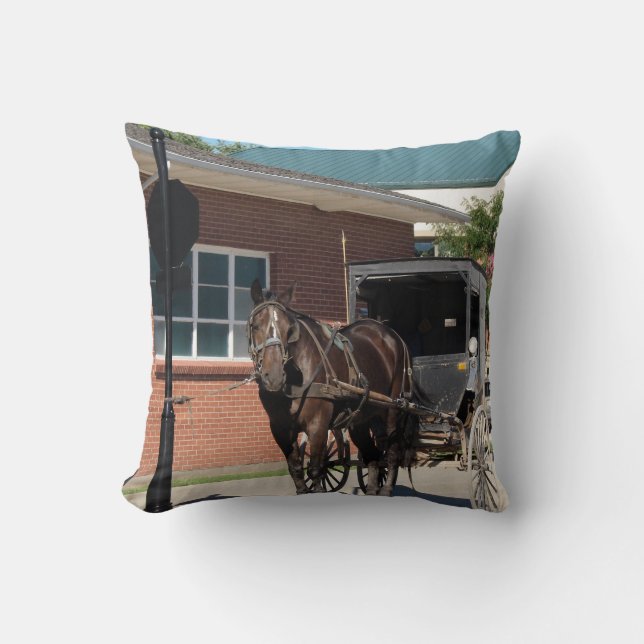 Stop voor een spelletje, Amish Buggy Horse Kussen (Voorkant)