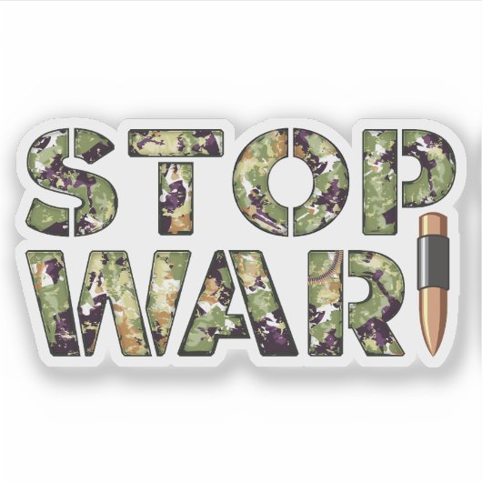 Stop War Message in Camouflage Tekst met Kogel Sticker (Voorkant)
