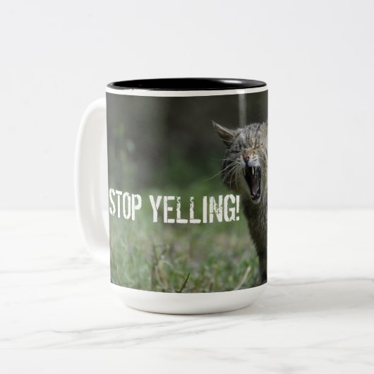 "STOP YELLING" staat in deze mok allemaal. (Voorkant links)