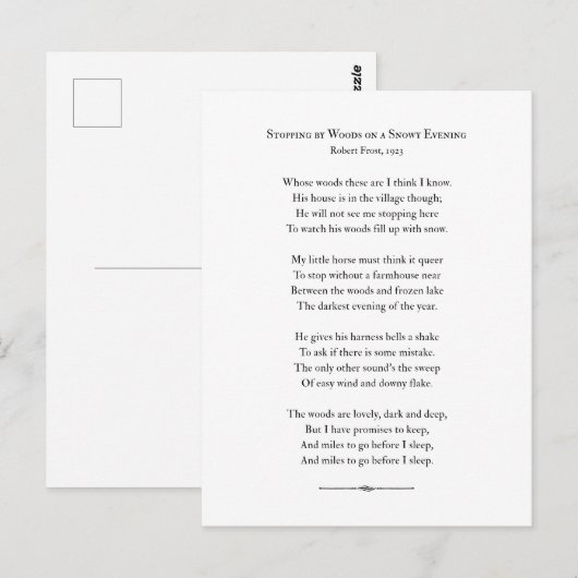 Stoppen bij Bossen op een sneeuwavond, Robert Fros Briefkaart (Voorkant / Achterkant)