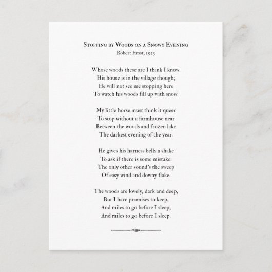 Stoppen bij Bossen op een sneeuwavond, Robert Fros Briefkaart (Voorkant)