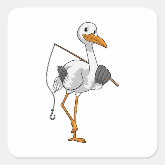 Stork als Fisher met Geviste staaf Vierkante Sticker (Voorkant)