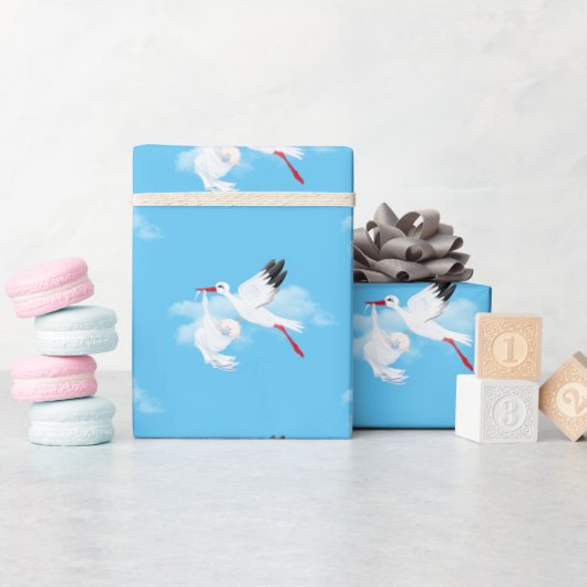 Stork and Baby Boy in Clouds Cadeaupapier (Baby Shower)