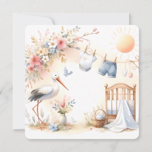 Stork and Baby Clothes Soft Pastel Baby Background Kaart (Voorkant)