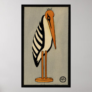 Stork - Antiquarian, Colorful Book Illustration Poster