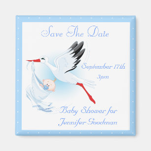 Stork & Baby Boy Blue Save the Date Baby shower Magneet