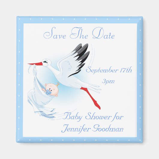 Stork & Baby Boy Blue Save the Date Baby shower Magneet (Voorkant)