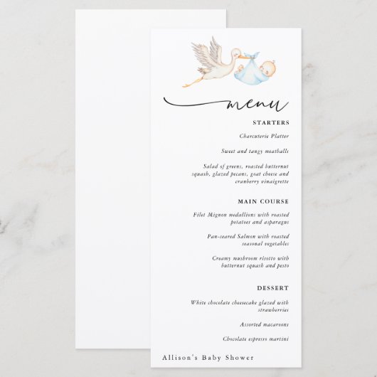 Stork Baby Boy Douche Menu (Voorkant / Achterkant)