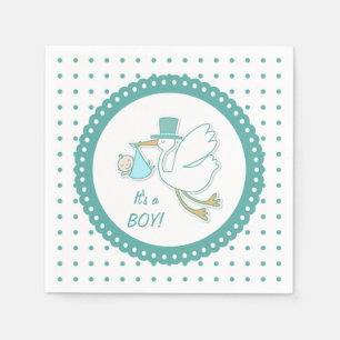 Stork, baby boy, polka dots Party Servetten