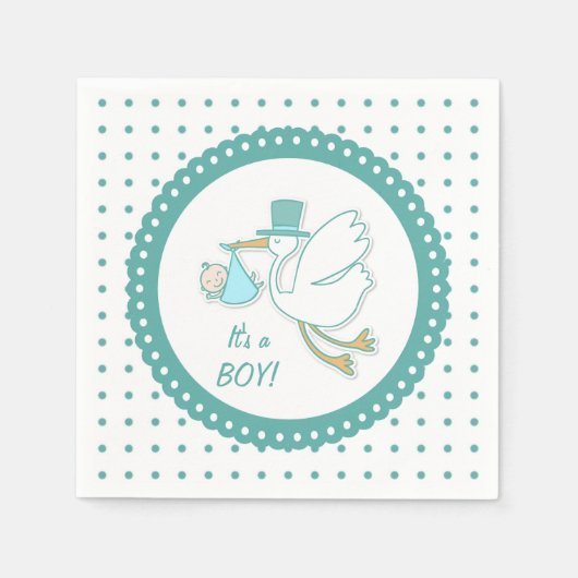 Stork, baby boy, polka dots Party Servetten (Voorkant)