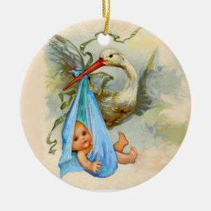 STORK BABY BOY SHOWER 2 MONOGRAM BLUE SAPPHIRE KERAMISCH ORNAMENT
