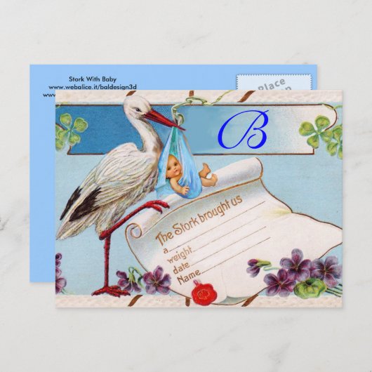 STORK BABY BOY SHOWER 2 UITNODIGING BRIEFKAART (Voorkant / Achterkant)