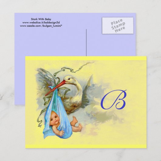 STORK BABY BOY SHOWER 2 UITNODIGING BRIEFKAART (Voorkant / Achterkant)