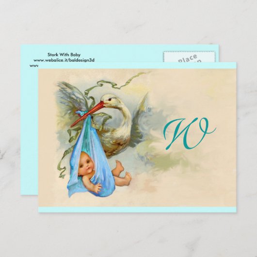 STORK BABY BOY SHOWER 2 UITNODIGING BRIEFKAART (Voorkant / Achterkant)