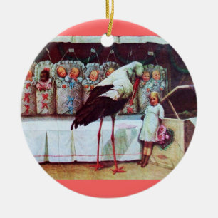 STORK BABY BOY SHOWER 3 MONOGRAM Red Ruby Keramisch Ornament