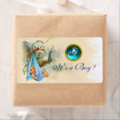 STORK BABY BOY SHOWER BLAUWGROEN BLUE GEM MONOGRAM ETIKET (Insitu)