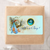 STORK BABY BOY SHOWER BLAUWGROEN BLUE GEM MONOGRAM ETIKET (Insitu)