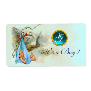 STORK BABY BOY SHOWER BLAUWGROEN BLUE GEM MONOGRAM ETIKET