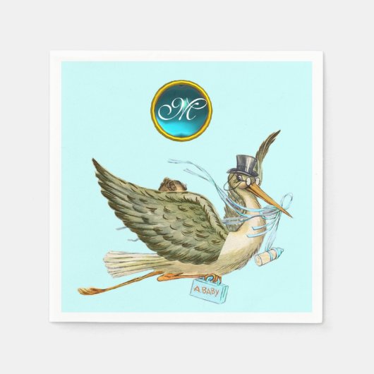 STORK BABY BOY SHOWER BLUE GEM STONE MONOGRAM SERVET (Voorkant)