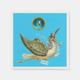 STORK BABY BOY SHOWER BLUE GEM STONE MONOGRAM SERVET