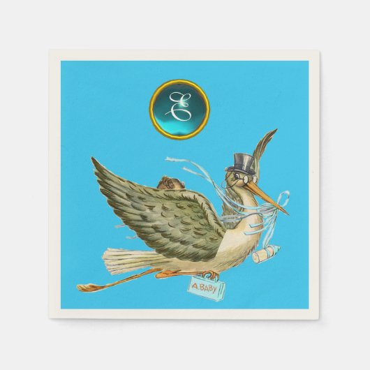 STORK BABY BOY SHOWER BLUE GEM STONE MONOGRAM SERVET (Voorkant)