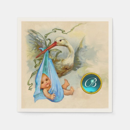 STORK BABY BOY SHOWER BLUE GEM STONE MONOGRAM SERVETTEN (Voorkant)